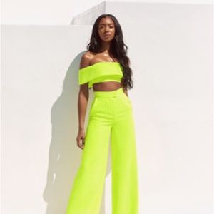 'MARSHA' NEON GREEN WIDE LEG TROUSERS AND OFF SHOULDER BANDEAU TOP